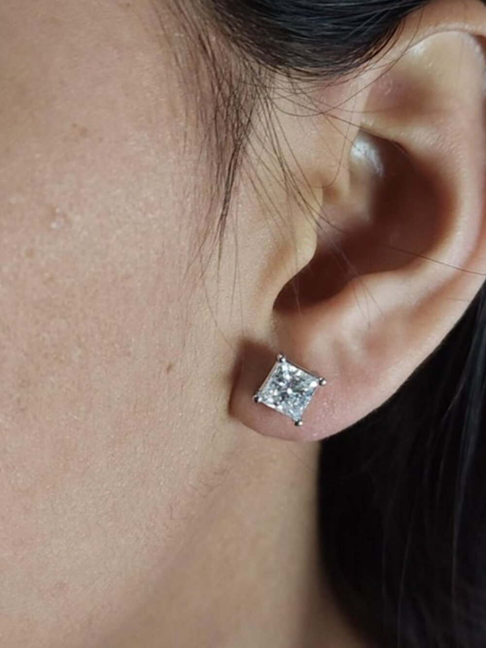 14Kt Gold 3 Ct Princess Cut Lab Grown Diamond Stud Earrings